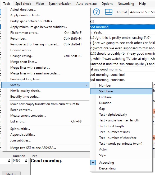 Sort in Subtitle Edit